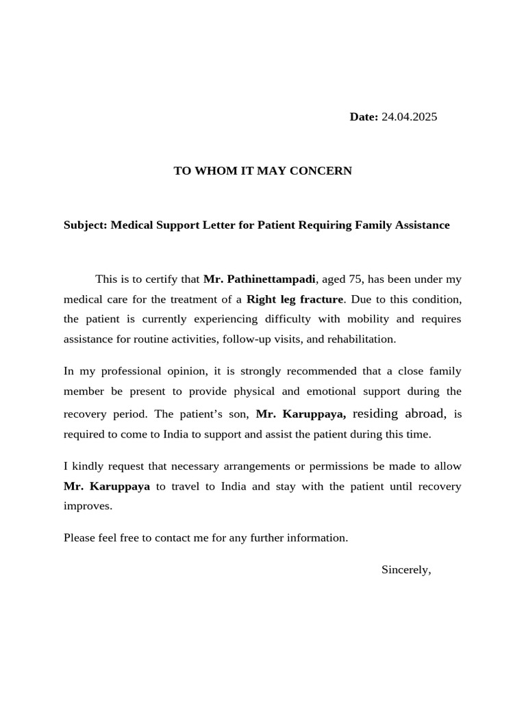 Medical Support Letter for Patient Care | PDF