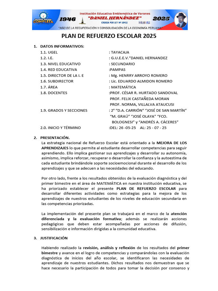 Plan de Refuerzo Escolar 2025 | PDF | Plan de estudios | Educación de ...