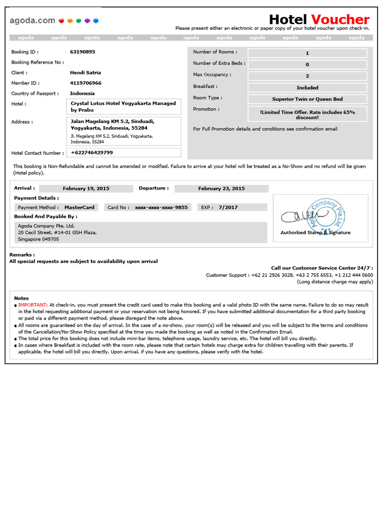 Confirmation For Booking ID # 63190895 Check-In February 19 2015 | PDF ...