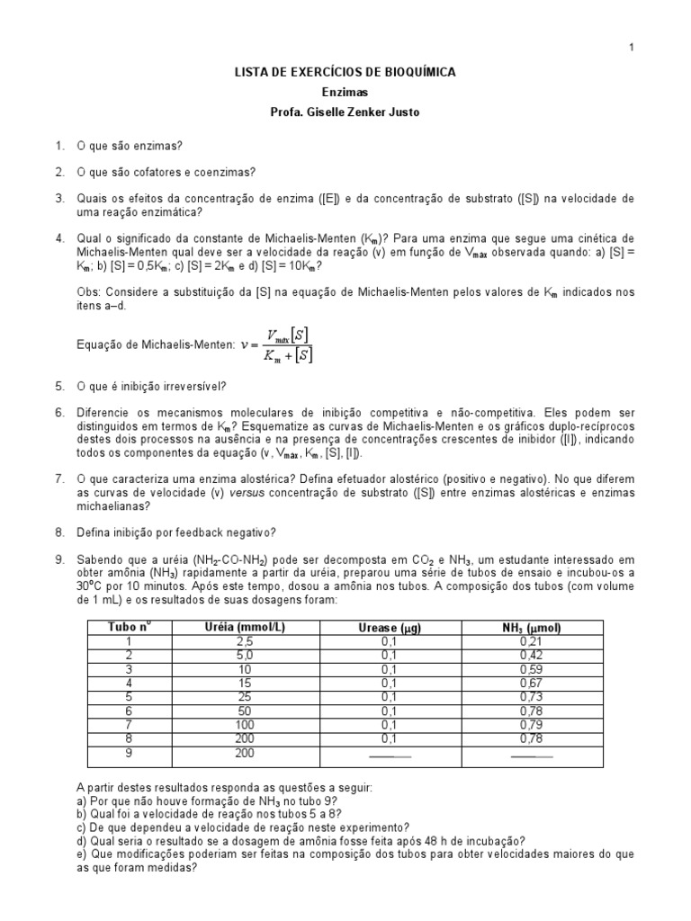 Exercícios sobre Enzimas e Cinética Enzimática | PDF | Enzima ...