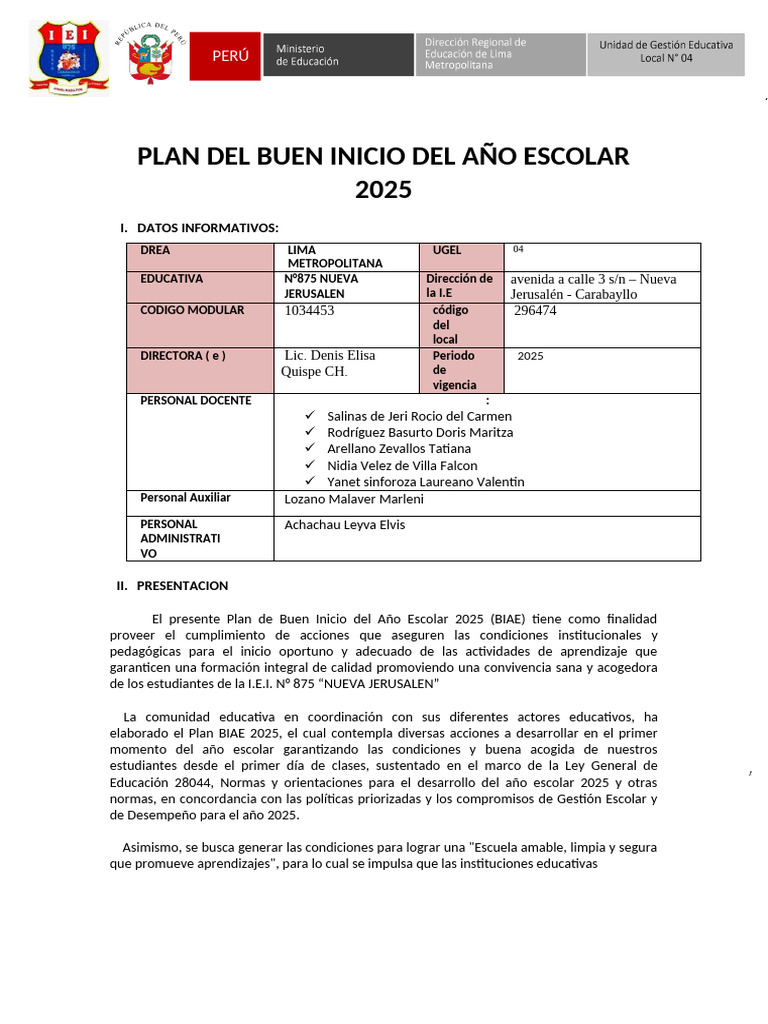 Plan Buen Inicio Año Escolar 2025 Perú | PDF | Escuelas | Educación ...