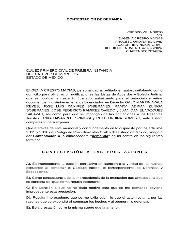 Contestación a Demanda Civil en Ecatepec | PDF | Propiedad | Justicia