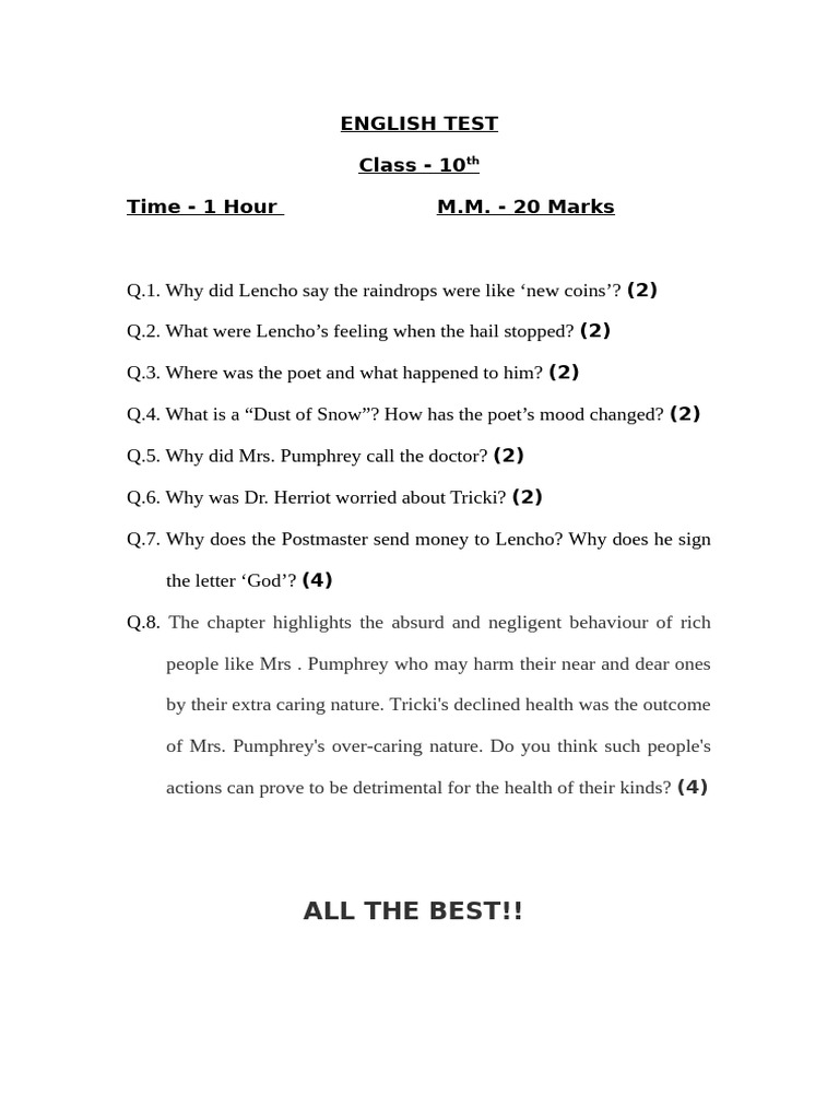 Class 10 English Test Questions | PDF