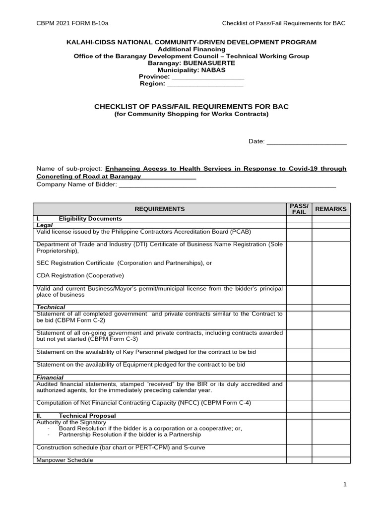 CBPM 2021 Form B-10a - Checklist of Pass Fail Requirements For BAC New ...