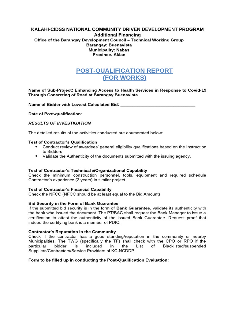 Post-Qualification Report for Health Road Project | PDF | Business