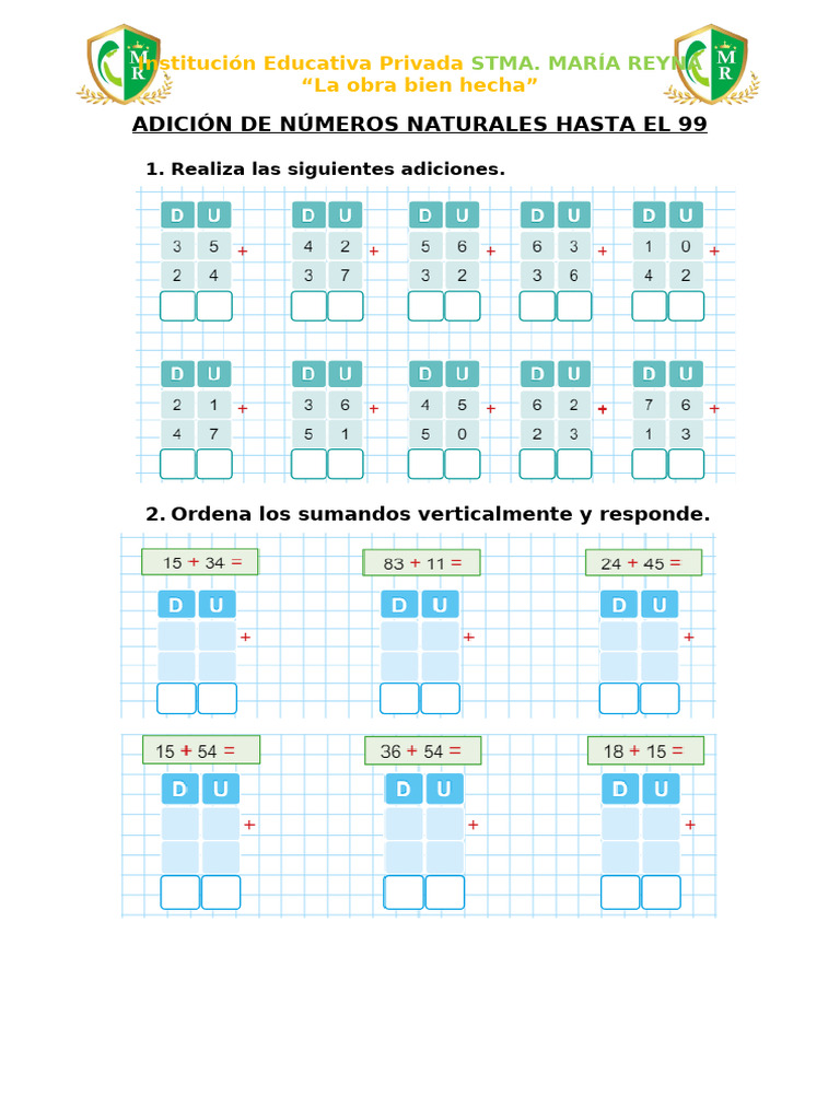 Adición de Números hasta el 99 | PDF