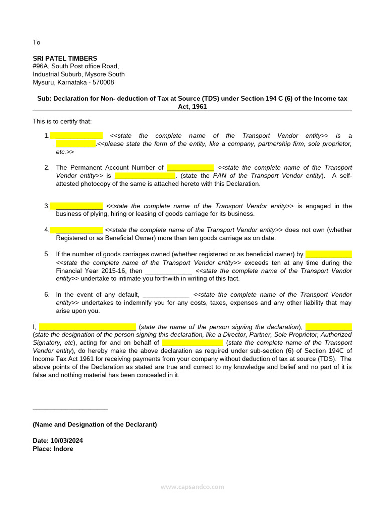 Transporter TDS Declaration Format | PDF | Tax Deduction | Business