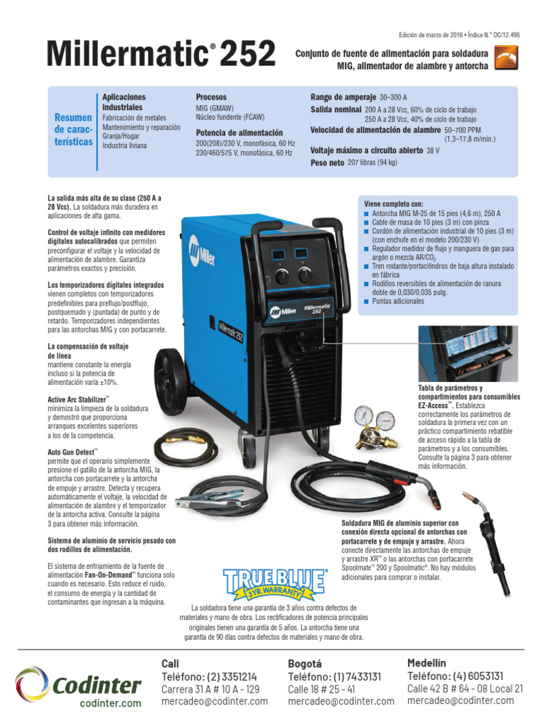 Especificaciones Millermatic 252 | PDF | Soldadura | Construcción