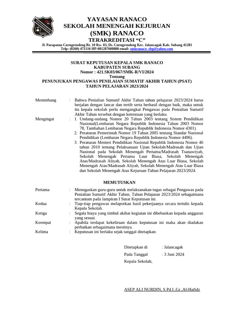 Penunjukan Pengawas PSAT SMK Ranaco 2024 | PDF