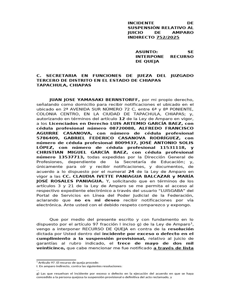 Recurso de Queja en Amparo 752/2025 | PDF | Mandato | Caso de ley