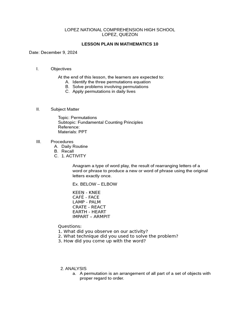 Mathematics 10 Lesson Plan: Permutations | PDF | Permutation | Mathematics