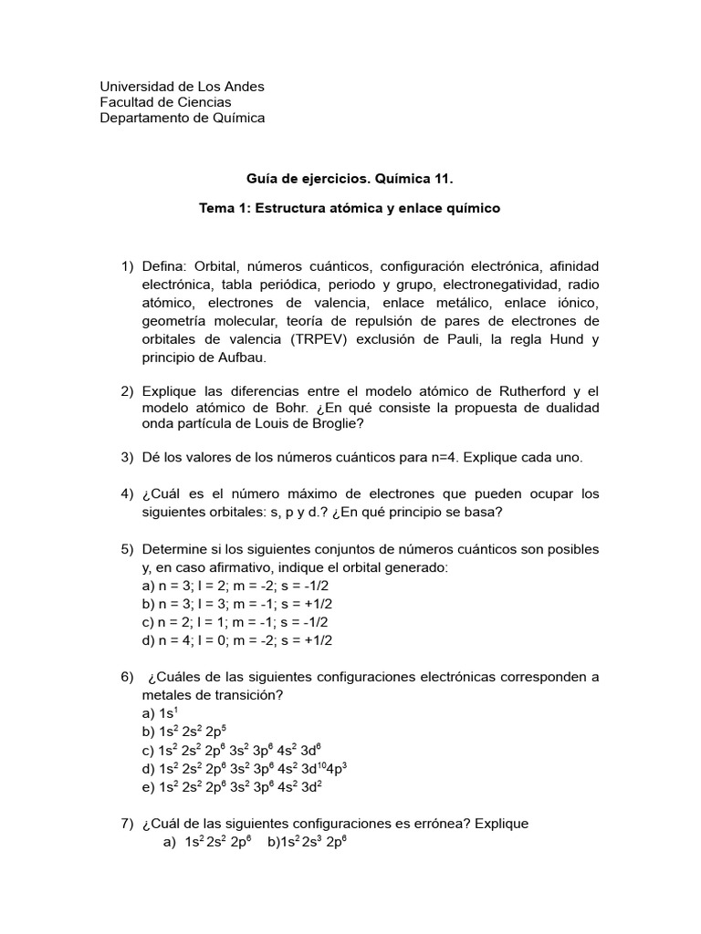 Guía de Ejercicios Tema 1. Química11. Unificada | PDF | Enlace químico ...