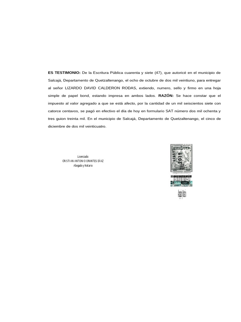 Testimonio de Pago de IVA en Salcajá | PDF