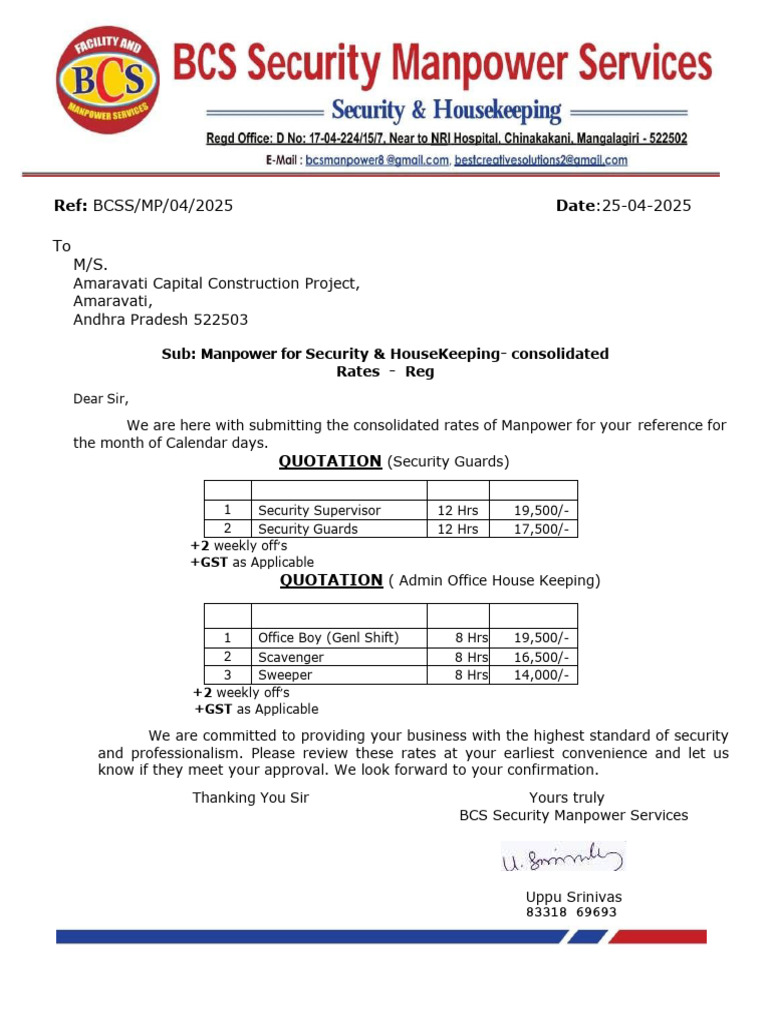 Security Services Quotation for BSCPL | PDF