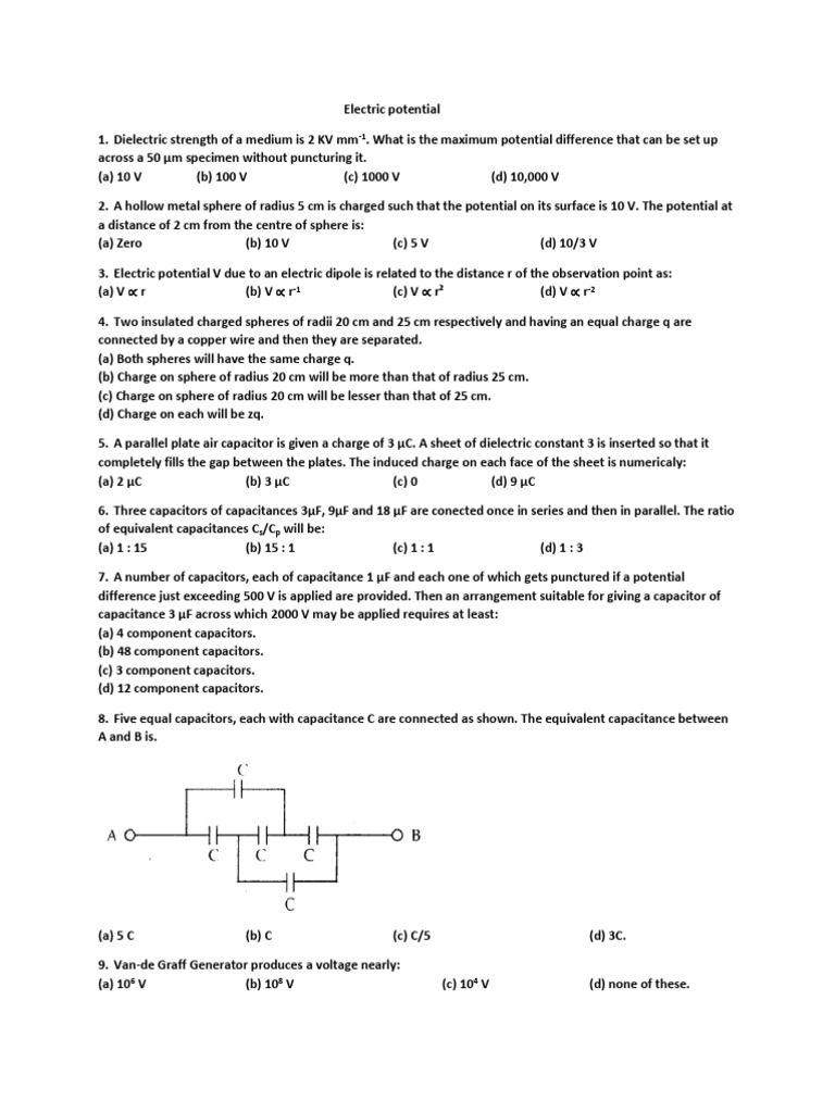 Electric Potential and Capacitance MCQs | PDF | Capacitor | Capacitance