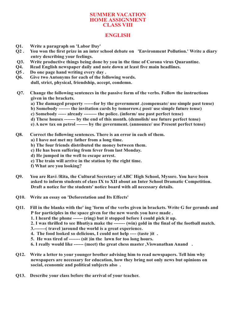 Summer Vacation Home Assignment Class Viii English | PDF | Numbers ...