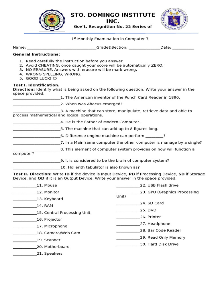 1st Monthly Examination in Computer 7 | PDF | Computer Data Storage ...