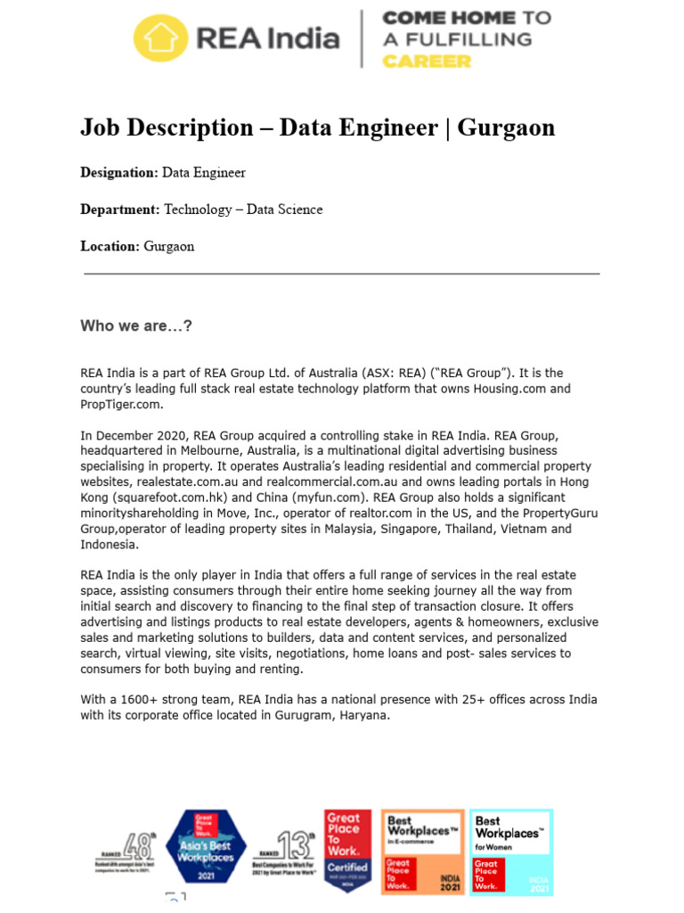 JD - Data Engineer - Gurgaon | PDF | Discrimination | Computing