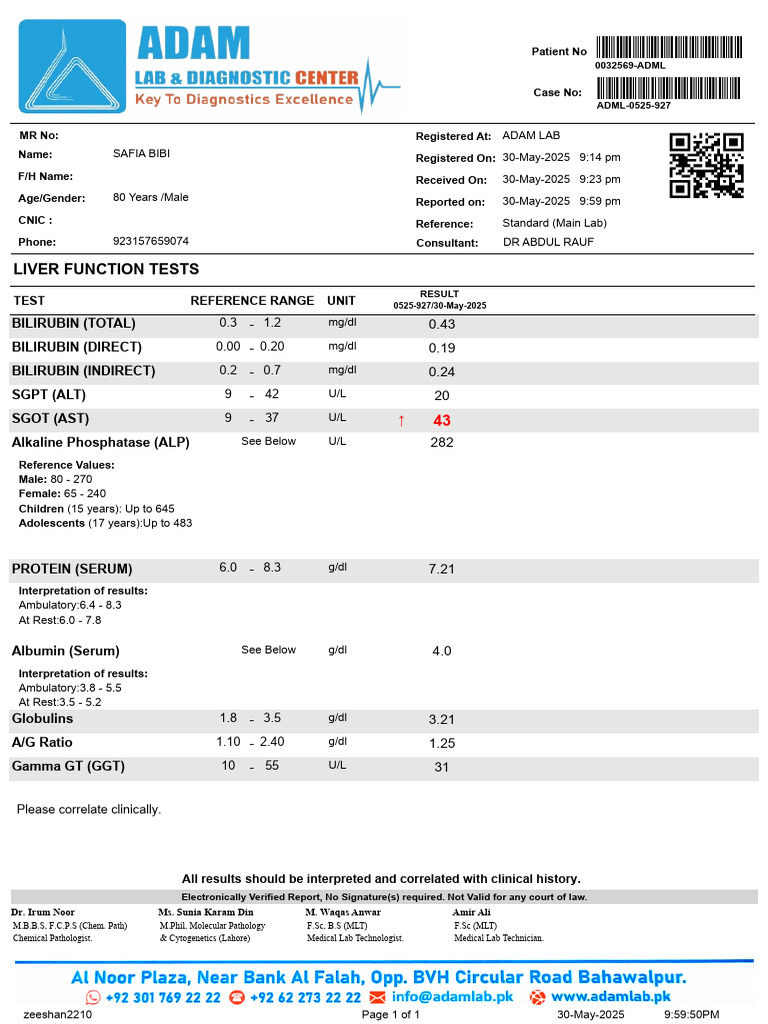 Liver Function Test Results for Safia Bibi | PDF | Liver | Clinical ...