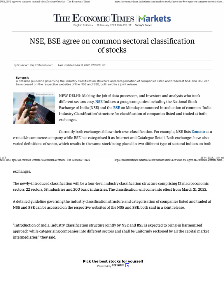 NSE and BSE Agree On Industry Classification | PDF