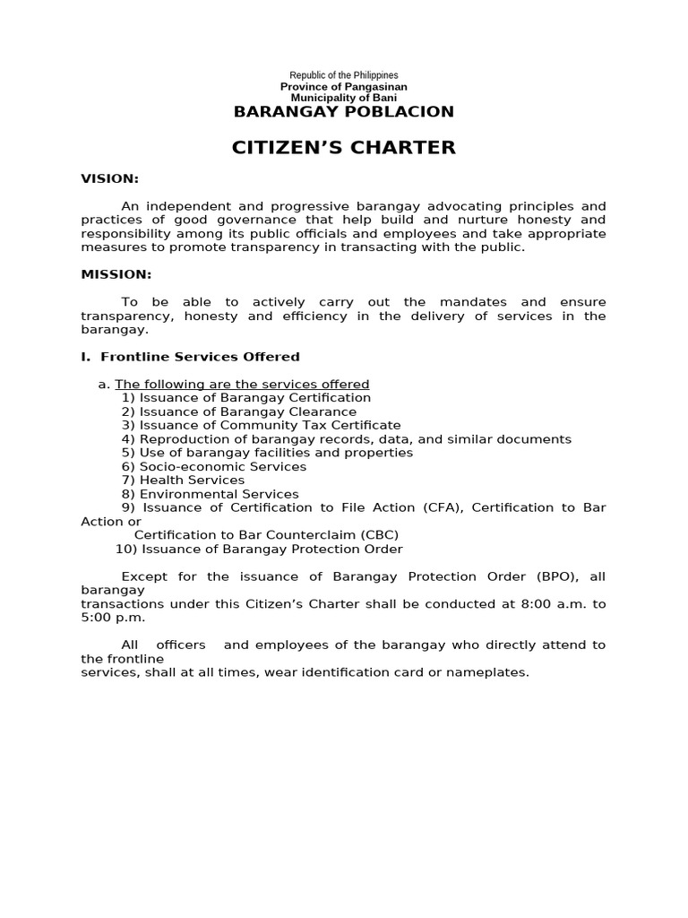 Bani Barangay Citizen's Charter Guide | PDF | Leadership | Governance