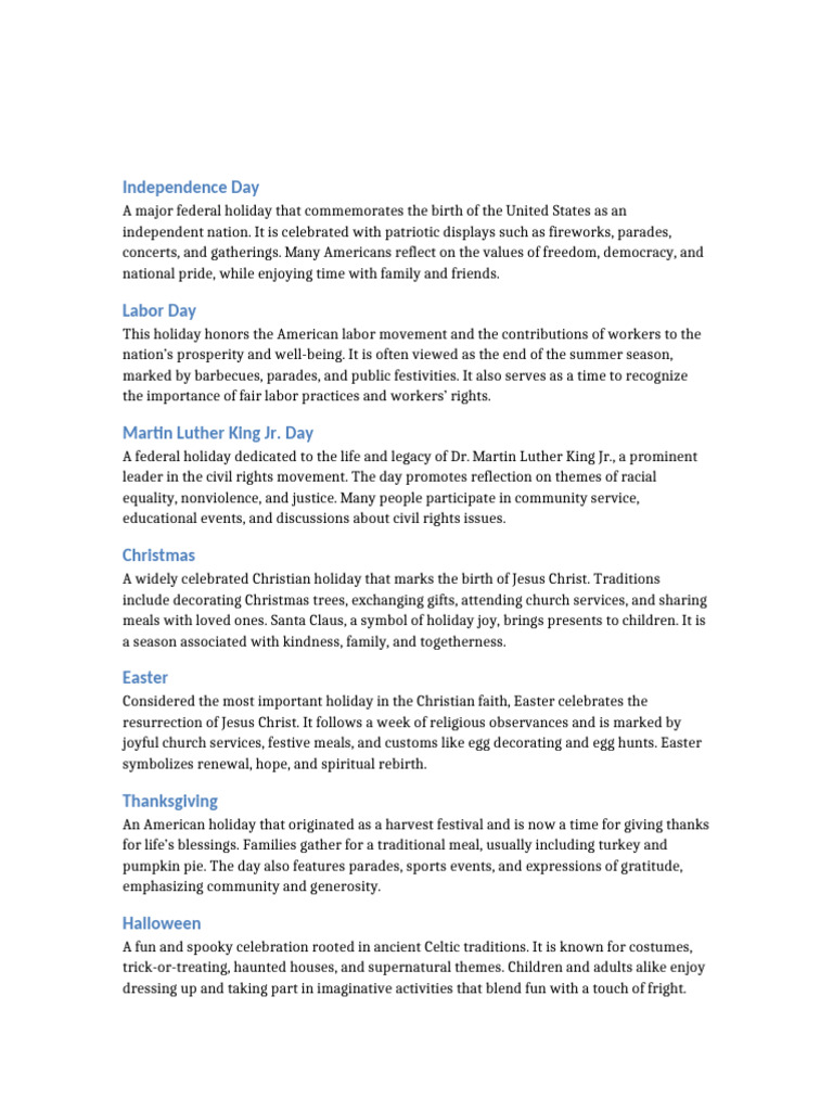 Major U.S. Holidays Overview | PDF | Hanukkah | Easter