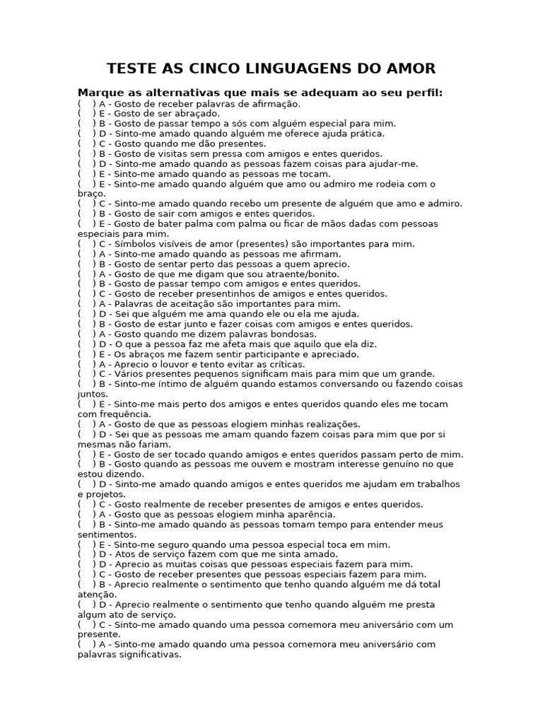 Teste As Cinco Linguagens Do Amor | PDF | Amor | Sentimento