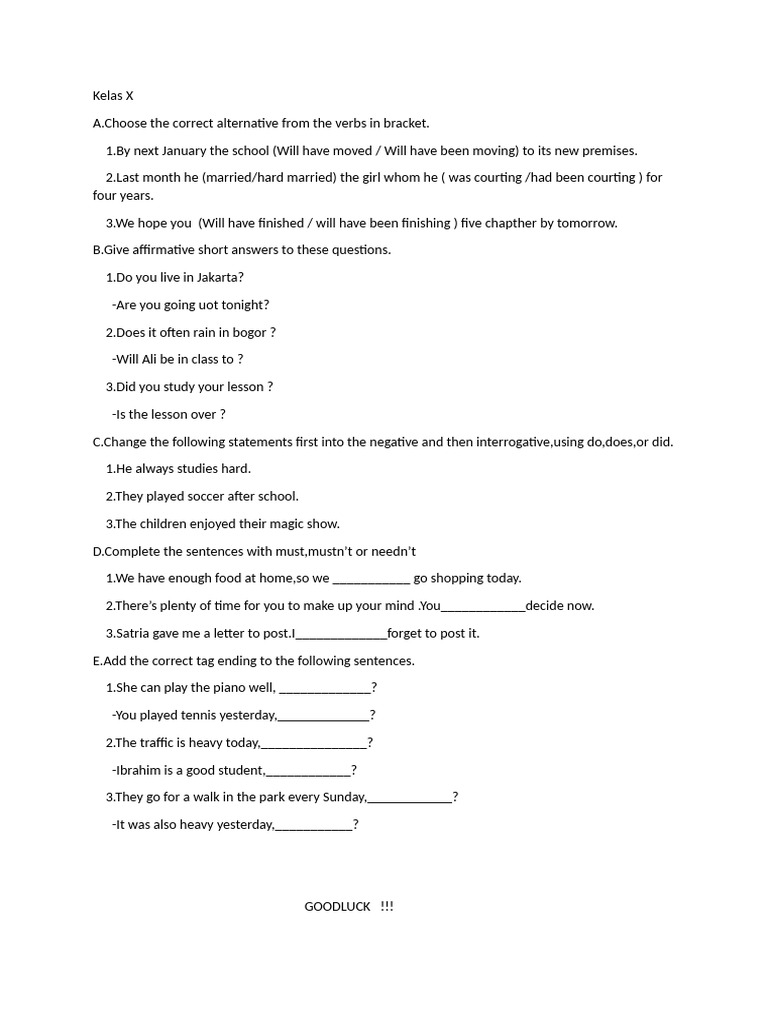 English Grammar Exercises for Class X | PDF
