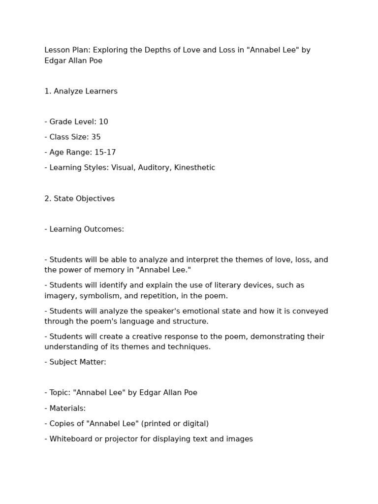 Lesson Plan: Love and Loss in Poe's Poetry | PDF | Poetry | Learning Styles