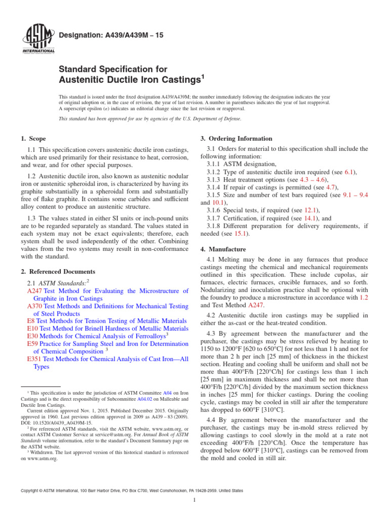 A439 Standard for Ductile Iron Castings | PDF | Cast Iron | Steel
