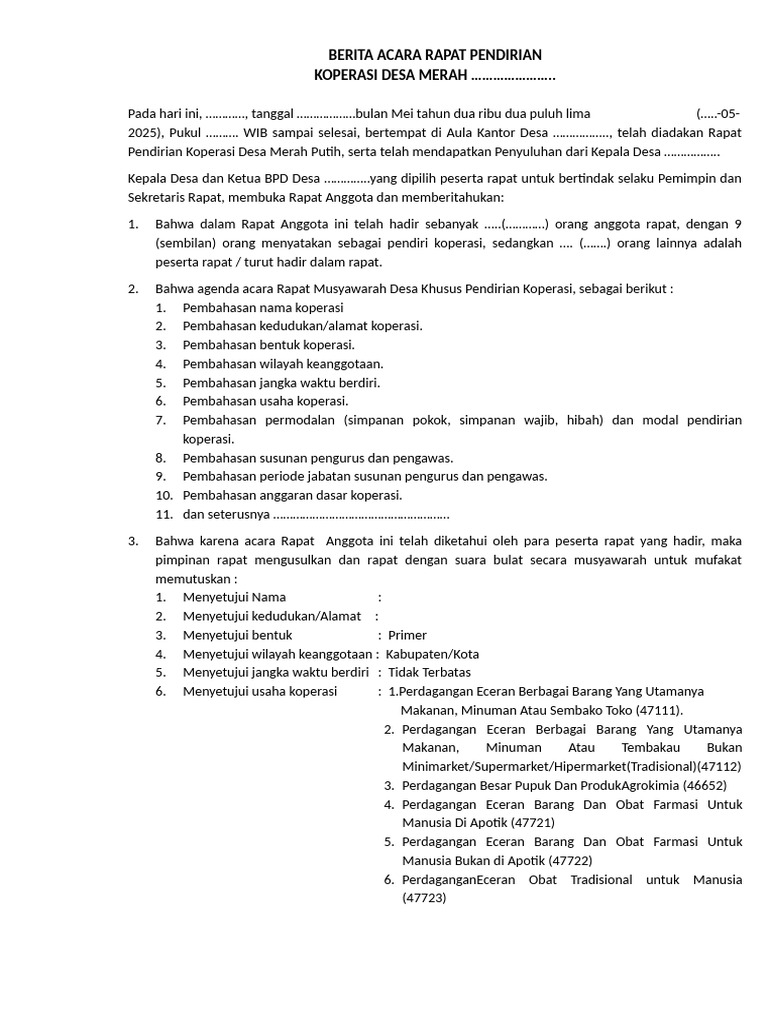 CTH Terbaru Berita Acara Rapat Pendirian KMD New | PDF