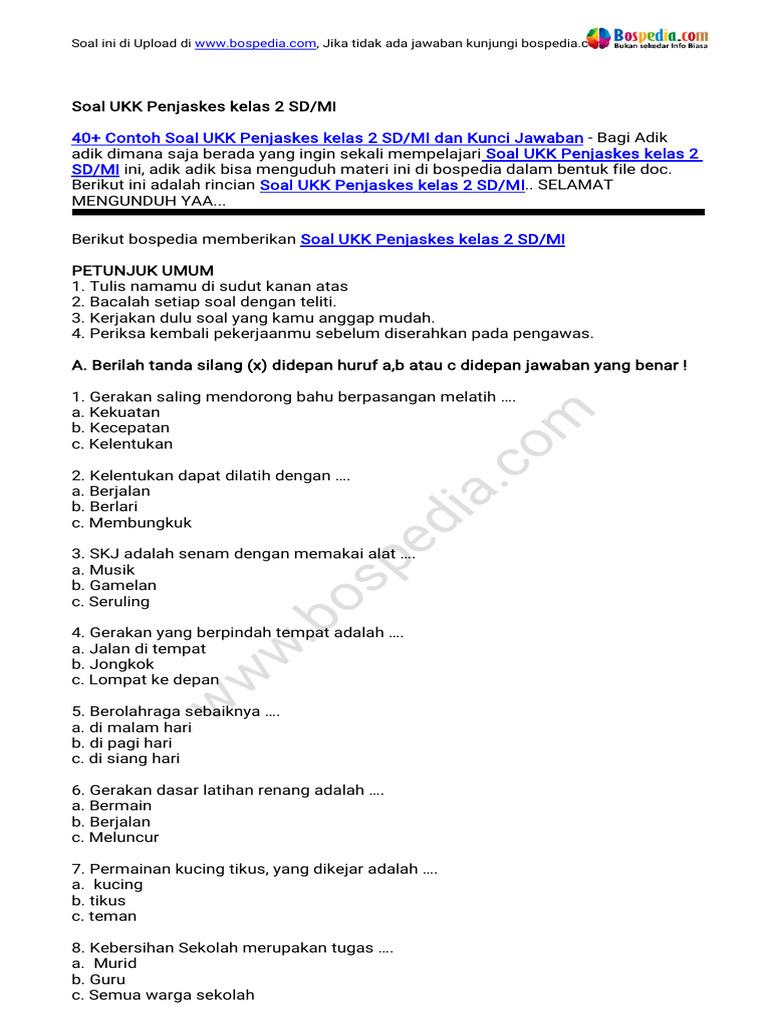 Asah Kemampuan Motorik dan Pengetahuan Dasar: Kumpulan Contoh Soal UAS Penjaskes Kelas 2 SD