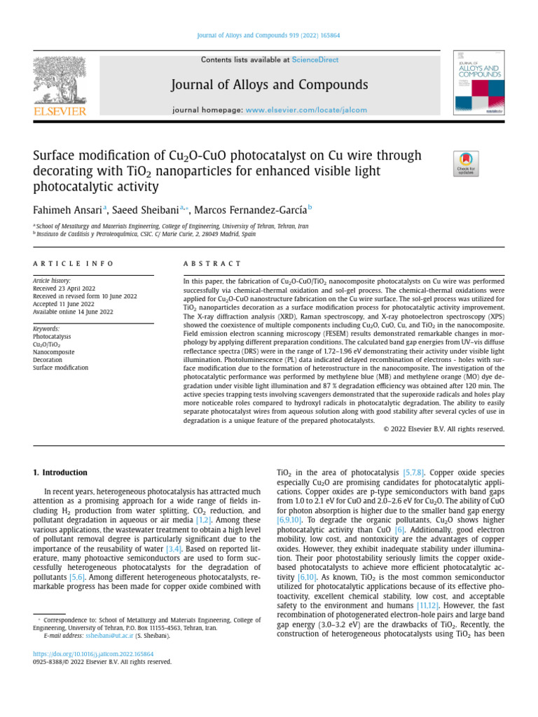 Surface Modification of Cu 2 O CuO Photo | PDF | X Ray Photoelectron ...