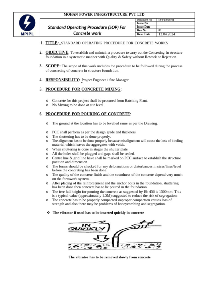 SOP for Concrete Work Procedures | PDF | Concrete | Building Engineering