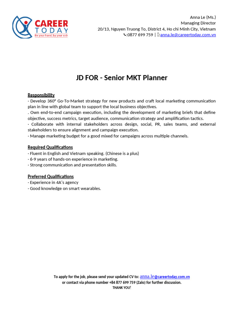 JD - Senior MKT Planner | PDF