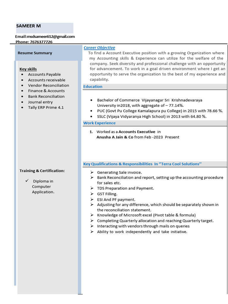 Account Executive Resume of Sameer Jilani | PDF | Accounts Payable