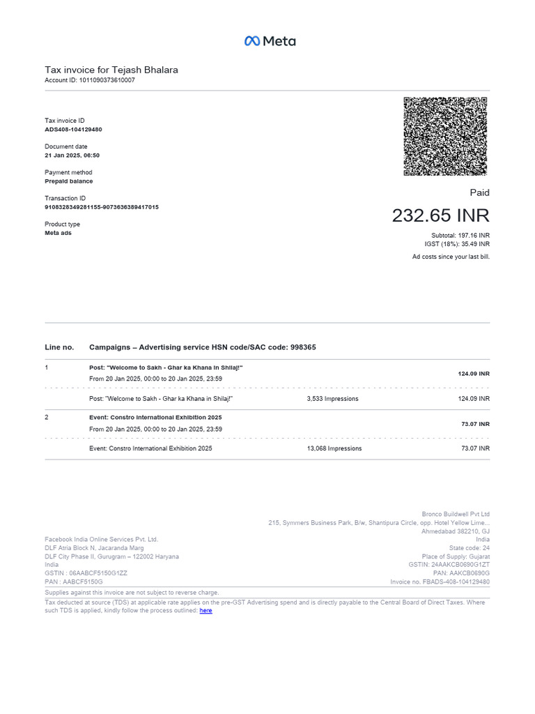 Tax Invoice for Meta Ads Services | PDF | Public Finance | Taxation
