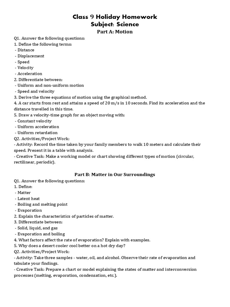 Class 9 Holiday Homework | PDF
