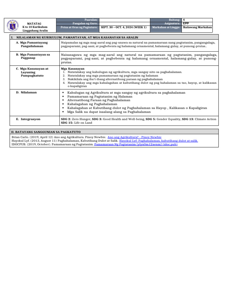DLL Matatag - Epp 4 q2 w1 | PDF