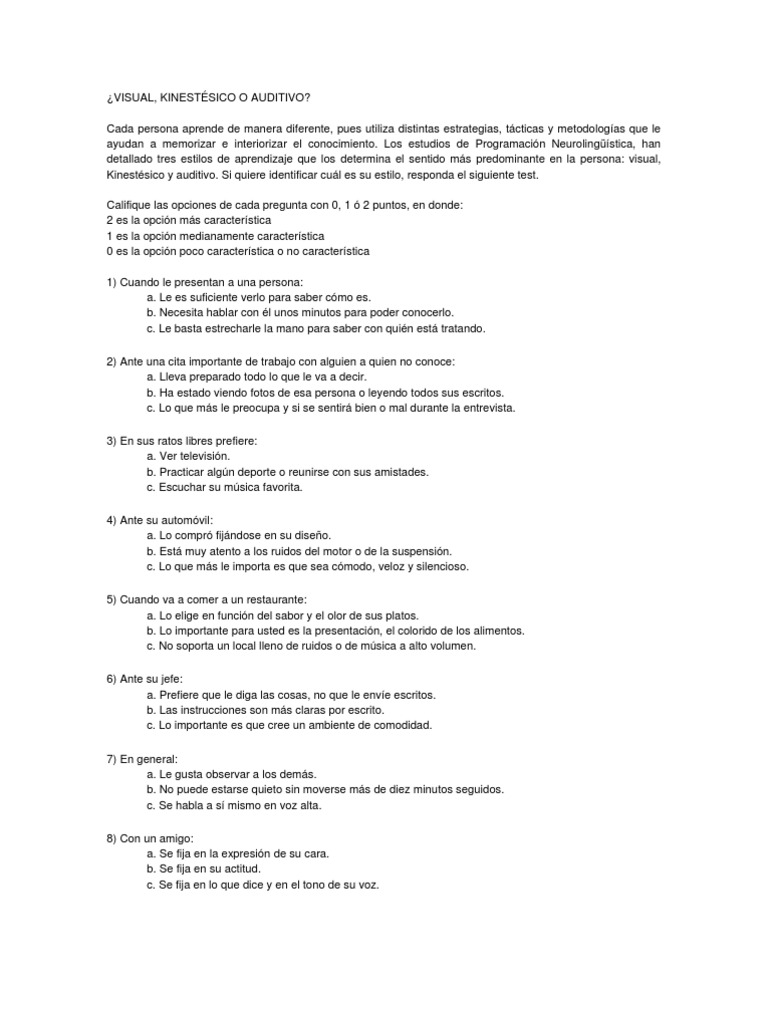 Test Visual Auditivo Kinestesico | PDF | Aprendizaje | Ocio