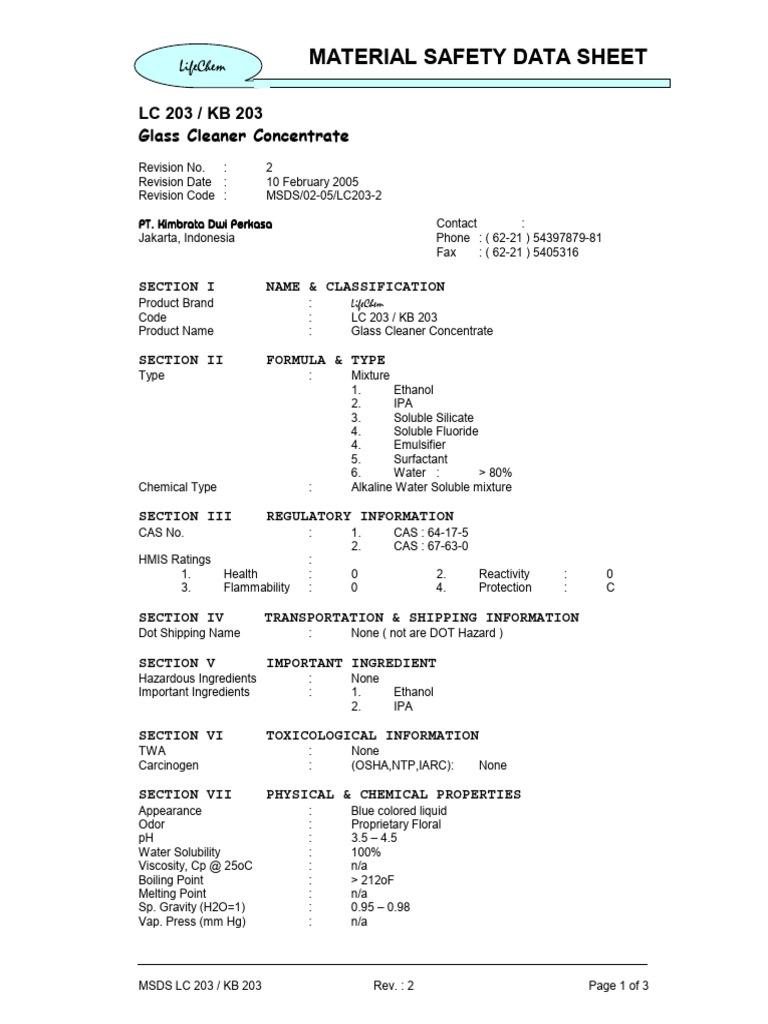 Microsoft Word Msds 203 LC KB Rev.2 | PDF | Water | Chemistry