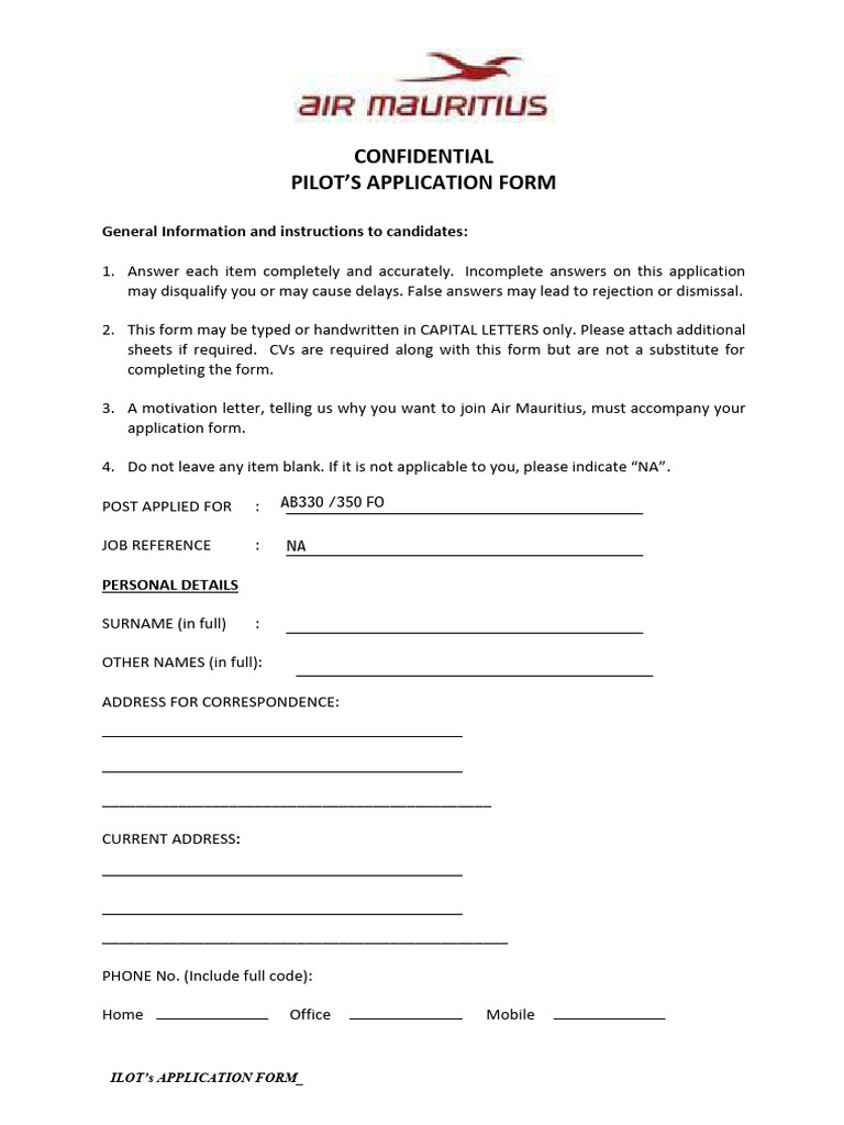 Air Muritius Application Form_Pilot | PDF | Aeronautics | Aircraft