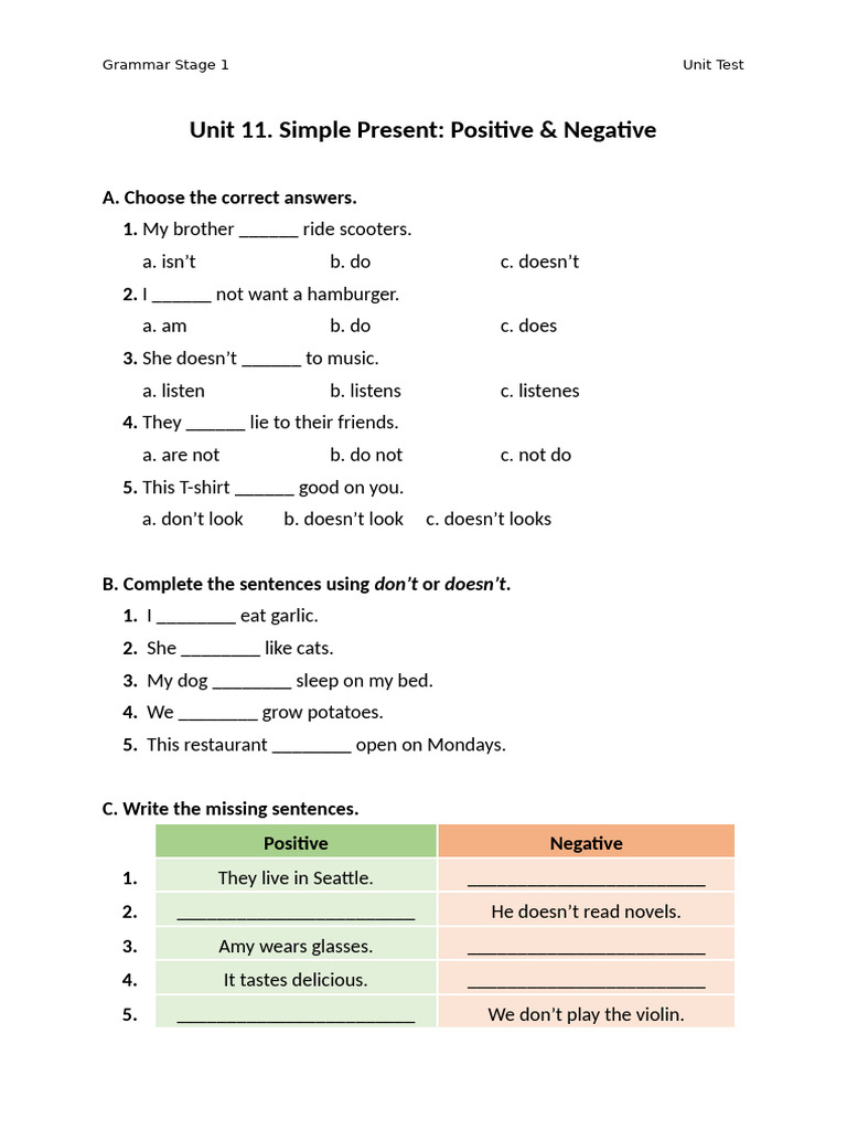 Grammar Stage 1 - Unit Test 11 | PDF