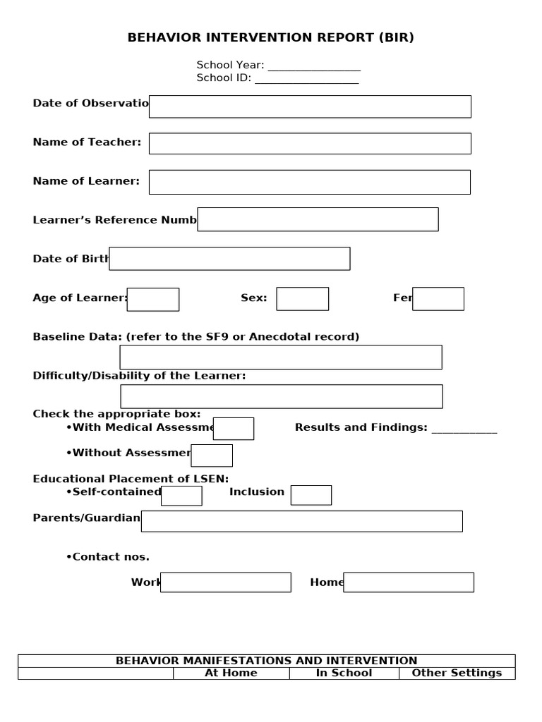 Behavior Intervention & Transition Plan | PDF | Educational Stages ...