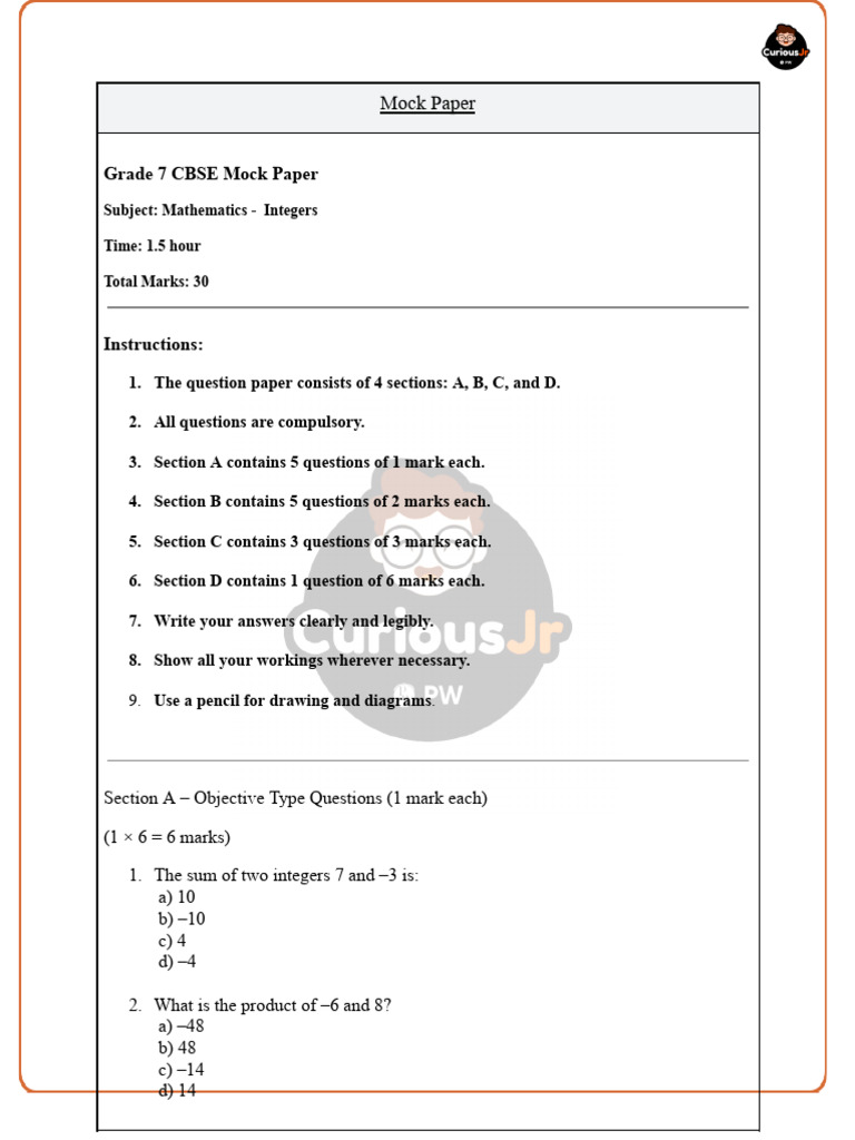 Mock Paper - Integers - 7 PDF | PDF | Integer | Mathematics