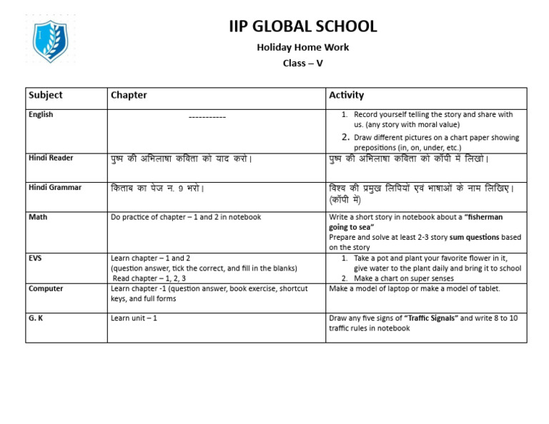 Diwali Homework for Class 5 Students | PDF