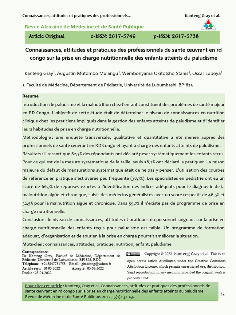 Prise en charge nutritionnelle des enfants en RDC | PDF | Paludisme ...