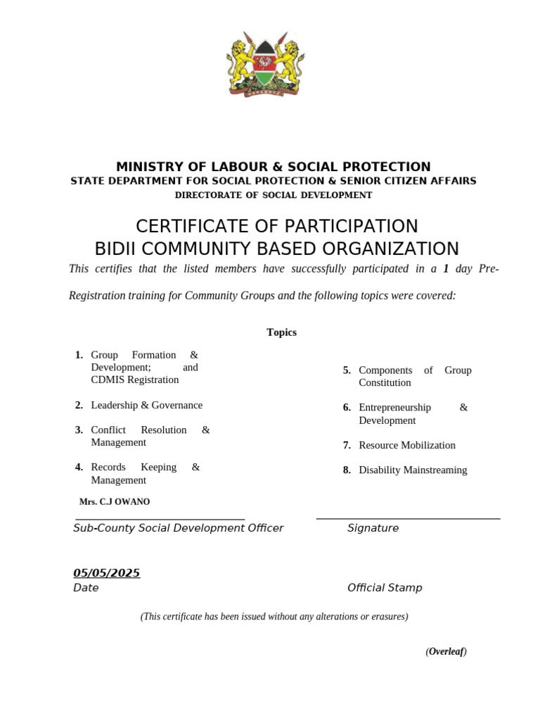 Bidii Cbo Cert of Part | PDF