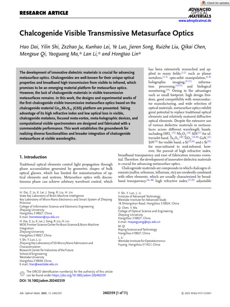 Chalcogenide Visible Transmissive Metasurface Optics | PDF | Holography ...