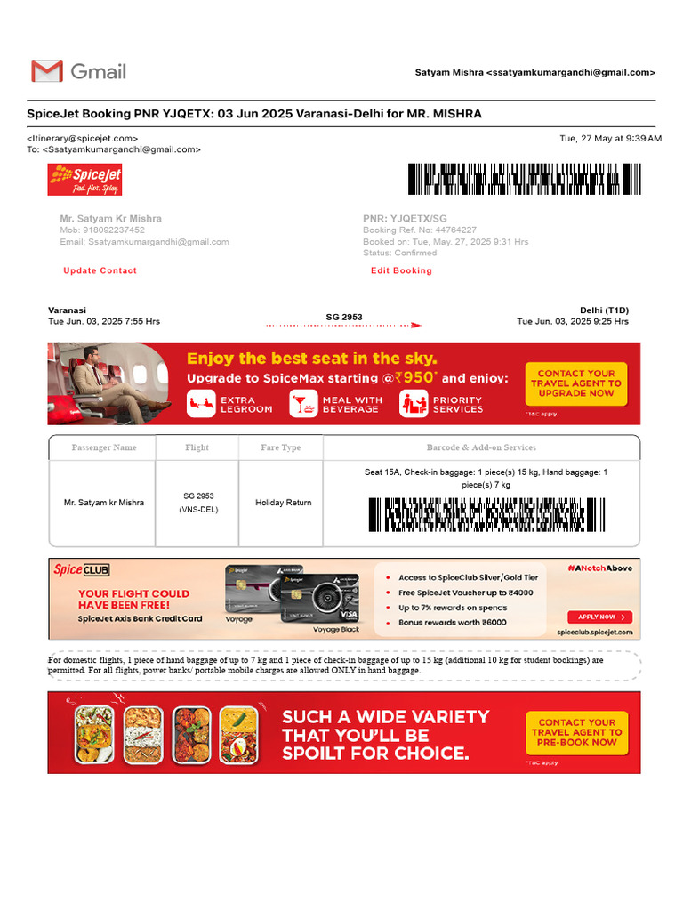 SpiceJet Booking Confirmation Details | PDF